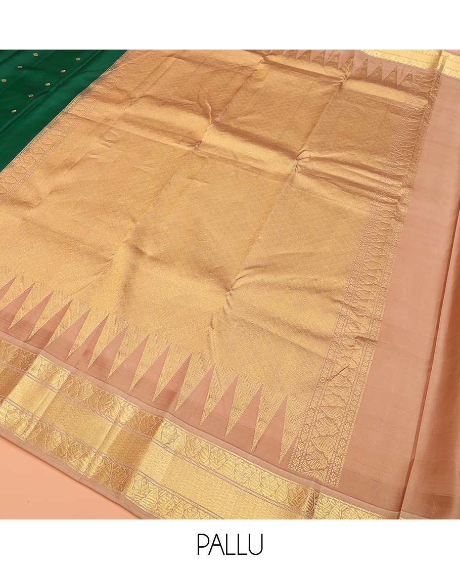 Green buttas Bangalore silk saree, contrast temple traditional zari border, and pallu of jaal designs
