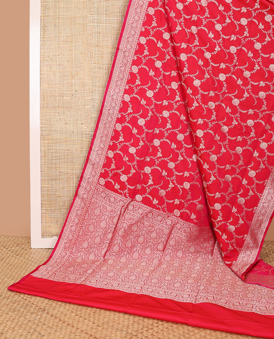 Red floral jaal design semi banaras satin saree with self zari design border & floral design pallu