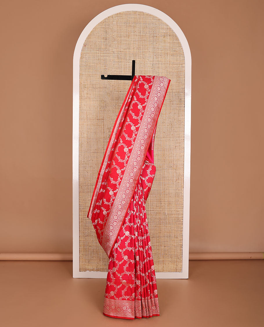 Red floral jaal design semi banaras satin saree with self zari design border & floral design pallu