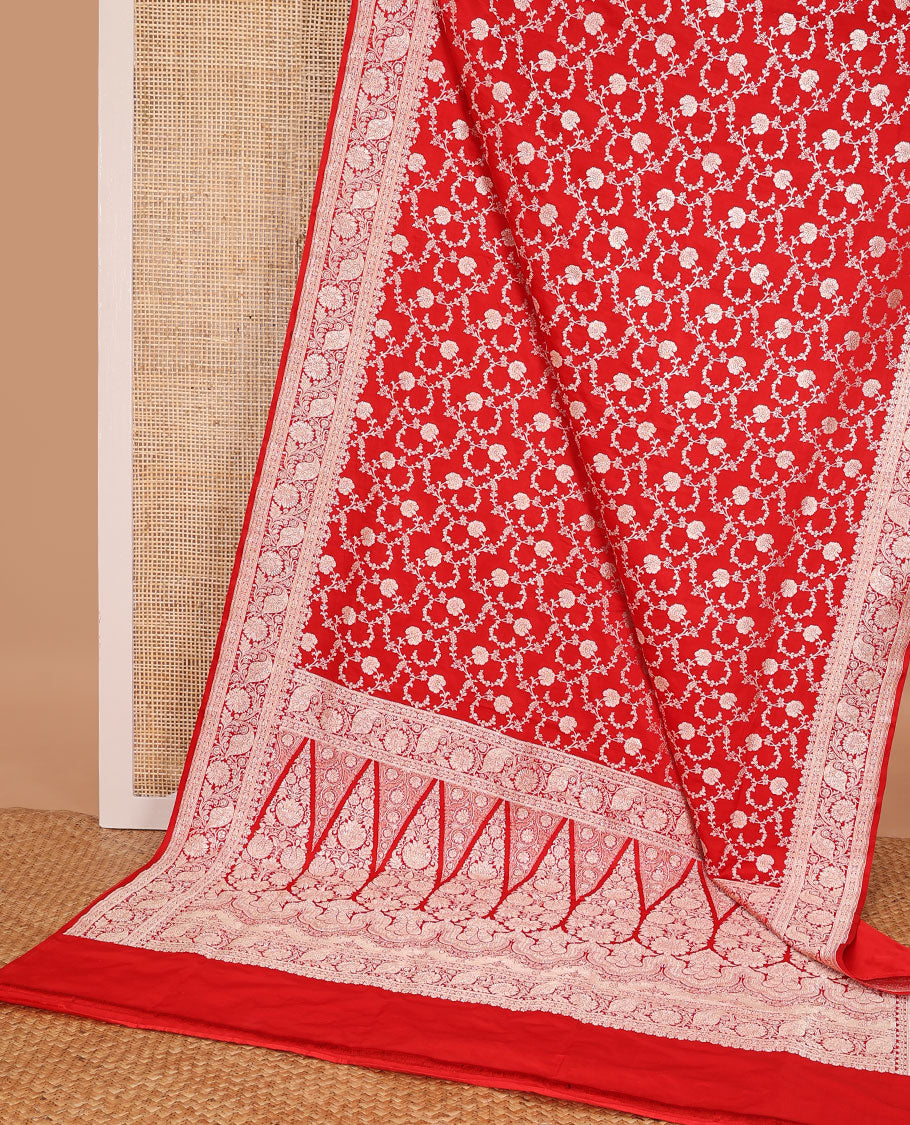 Red floral jacquard banarasi silk saree, self-border of floral & leaf creeper designs & intricately woven pallu of  floral & paisley designs