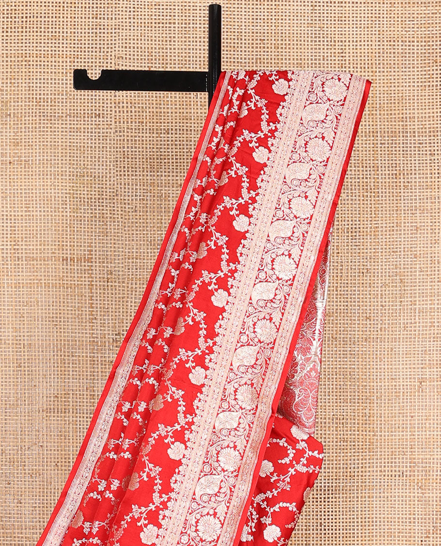 Red floral jacquard banarasi silk saree, self-border of floral & leaf creeper designs & intricately woven pallu of  floral & paisley designs