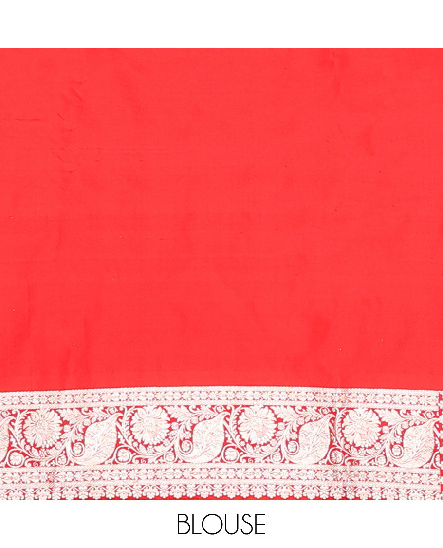Red floral jacquard banarasi silk saree, self-border of floral & leaf creeper designs & intricately woven pallu of  floral & paisley designs