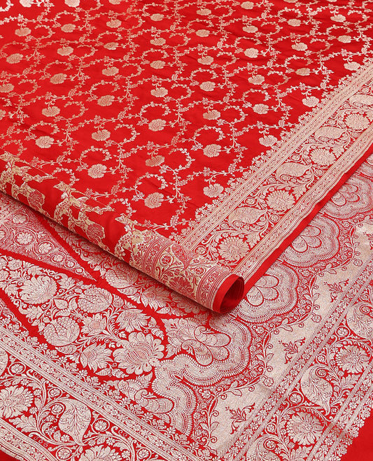 Red floral jacquard banarasi silk saree, self-border of floral & leaf creeper designs & intricately woven pallu of  floral & paisley designs