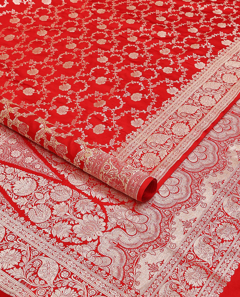 Red floral jacquard banarasi silk saree, self-border of floral & leaf creeper designs & intricately woven pallu of  floral & paisley designs