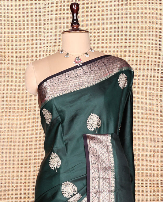 Green Satin Silk Saree, Embellished with Tree Buttas, Complemented by a Contrast Traditional Design Border,  Grand Pallu, and a Contrast Blouse