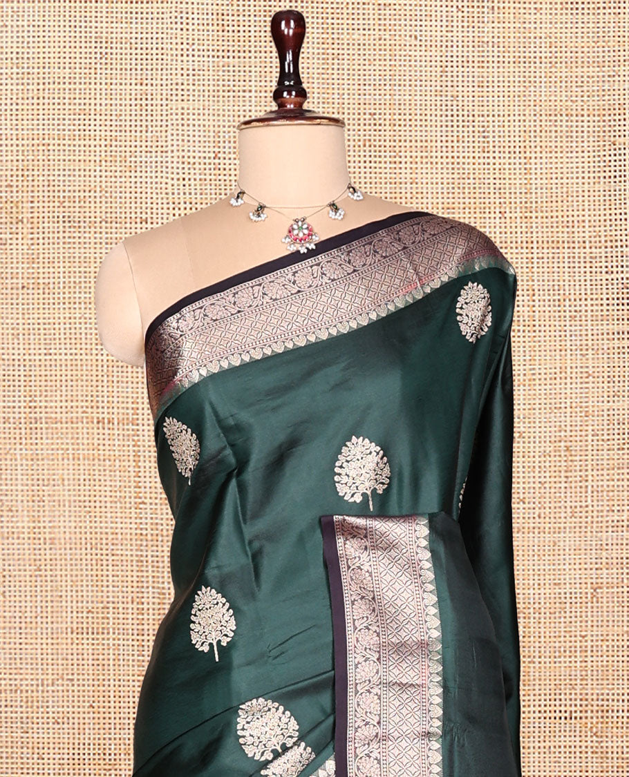 Green Satin Silk Saree, Embellished with Tree Buttas, Complemented by a Contrast Traditional Design Border,  Grand Pallu, and a Contrast Blouse