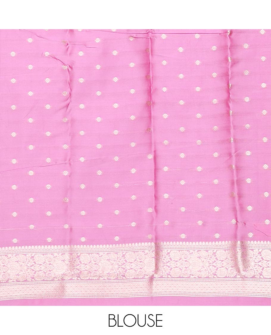 Pink zari buttas butter silk saree, traditional zari design border & zari floral design weave pallu