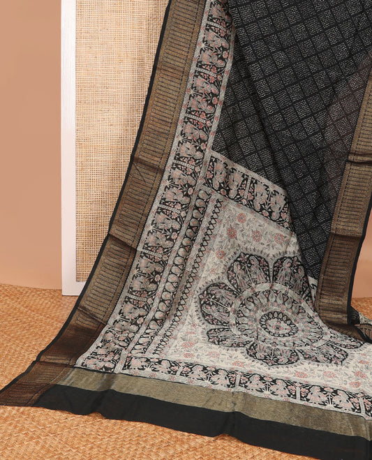 Black checked bhandani style chanderi cotton saree with self human design border & madhubani style design pallu