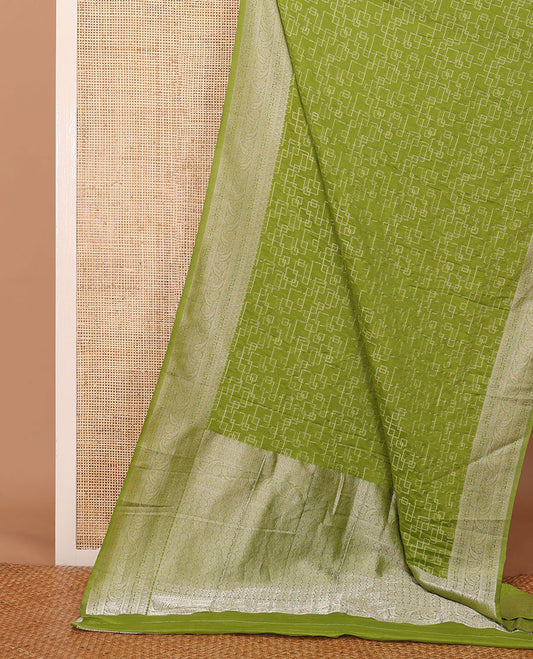 Parrot green geometric zari design fancy crepe saree, traditional zari border & intricate pallu