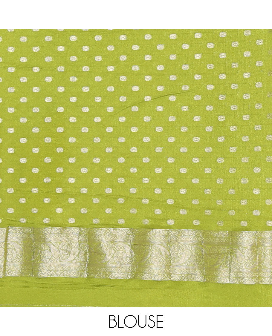 Parrot green geometric zari design fancy crepe saree, traditional zari border & intricate pallu