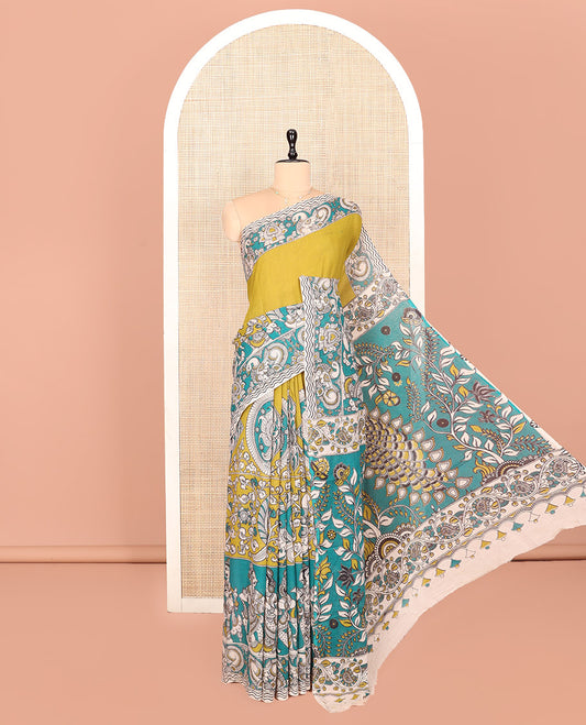 Green Kalamkari Cotton Saree, Elevated with Flora-Fauna Print, Contrast Kalamkari Printed Border, Peacock Kalamkari Pallu, and a Contrast Blouse