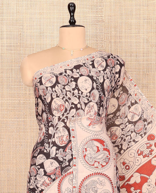 Black Machine-Printed Kalamkari Cotton Saree Features Flora-Fauna Design, Contrast Round Peacock Printed Border, Pallu of Fauna Design, and a Contrast Blouse