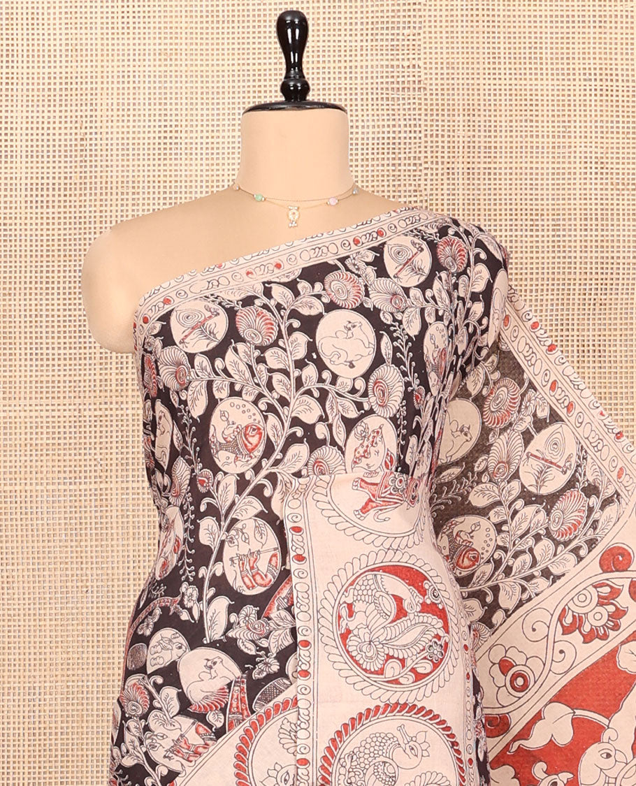 Black Machine-Printed Kalamkari Cotton Saree Features Flora-Fauna Design, Contrast Round Peacock Printed Border, Pallu of Fauna Design, and a Contrast Blouse