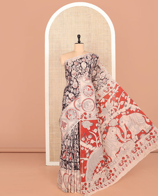Black Machine-Printed Kalamkari Cotton Saree Features Flora-Fauna Design, Contrast Round Peacock Printed Border, Pallu of Fauna Design, and a Contrast Blouse