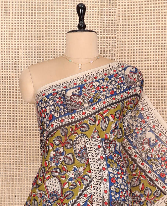 Green Machine-Printed Kalamkari Cotton Saree Features Flora-Fauna Design, a Contrast Peacock Border, Peacock Printed Pallu, and a Contrast Blouse