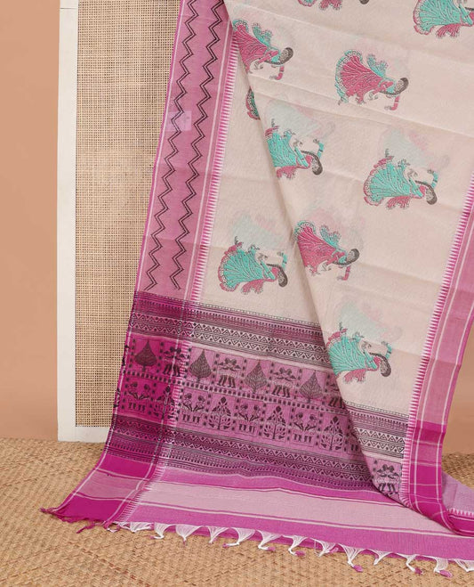 Beige human motifs printed striped chirala cotton saree, contrast rosewood pink temple border of chevron design & pallu of geometric & human motifs