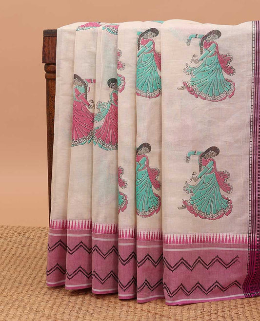 Beige human motifs printed striped chirala cotton saree, contrast rosewood pink temple border of chevron design & pallu of geometric & human motifs