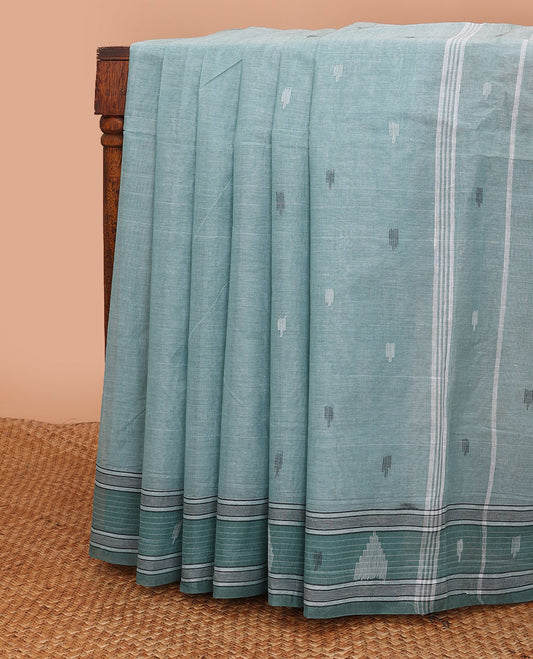 Pastel blue buttas Bengal cotton saree, contrast temple border & pallu of stripes & buttas