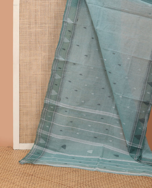 Pastel blue buttas Bengal cotton saree, contrast temple border & pallu of stripes & buttas