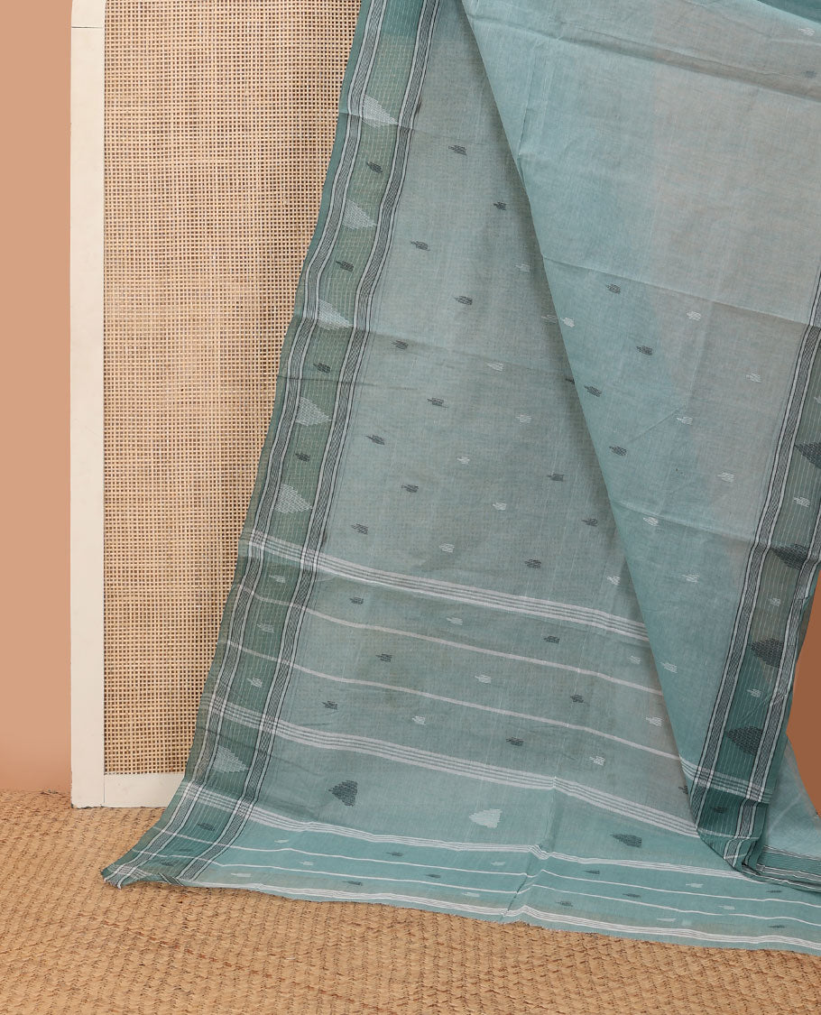 Pastel blue buttas Bengal cotton saree, contrast temple border & pallu of stripes & buttas