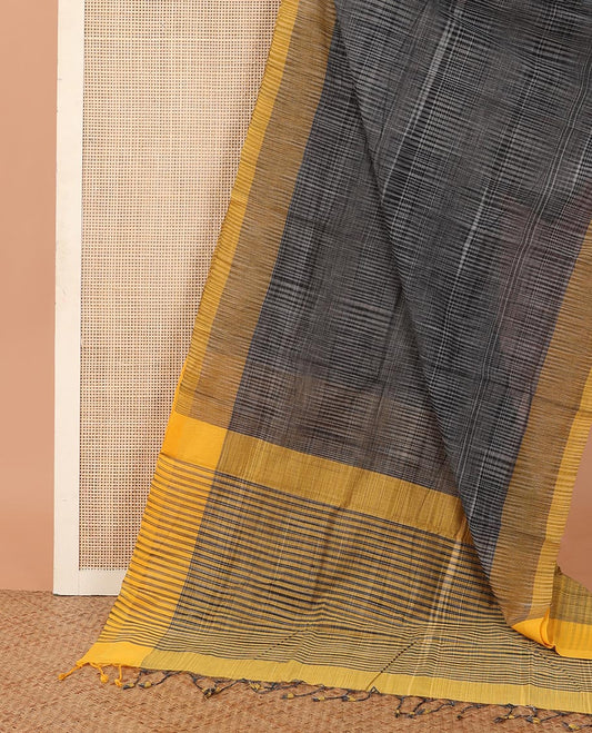 Grey checked Mangalagiri cotton saree, contrast heathered border, and striped pallu