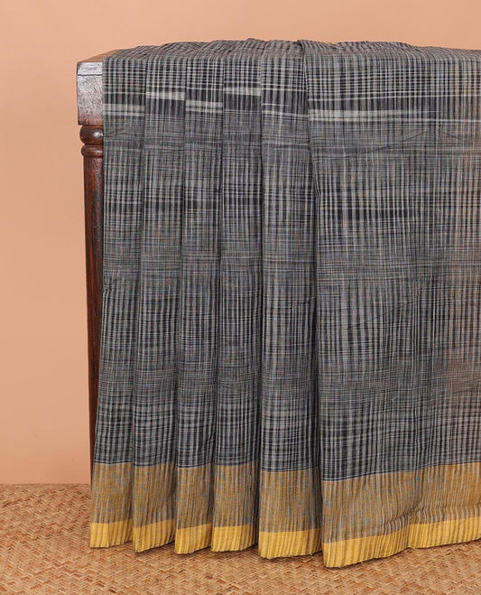 Grey checked Mangalagiri cotton saree, contrast heathered border, and striped pallu