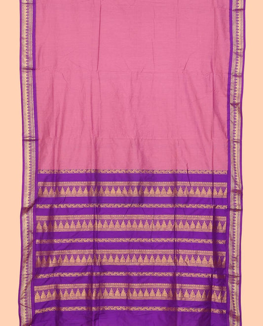 Onion pink plain nine-yard cotton saree, contrast temple border, and pallu steeped with traditional zari designs
