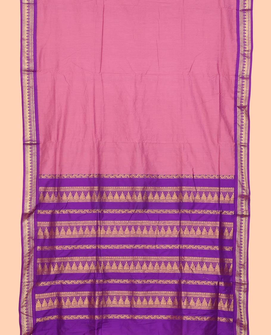 Onion pink plain nine-yard cotton saree, contrast temple border, and pallu steeped with traditional zari designs