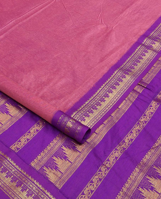 Onion pink plain nine-yard cotton saree, contrast temple border, and pallu steeped with traditional zari designs