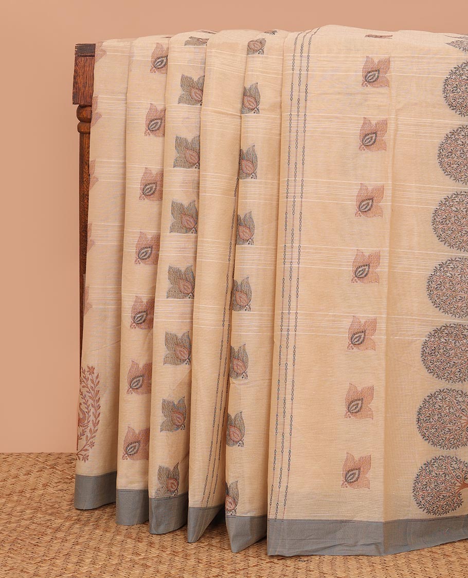 Sandal leaf, stripes, and elephant motifs Kanchi cotton saree, contrast plain border, and pallu of tree, and floral motifs
