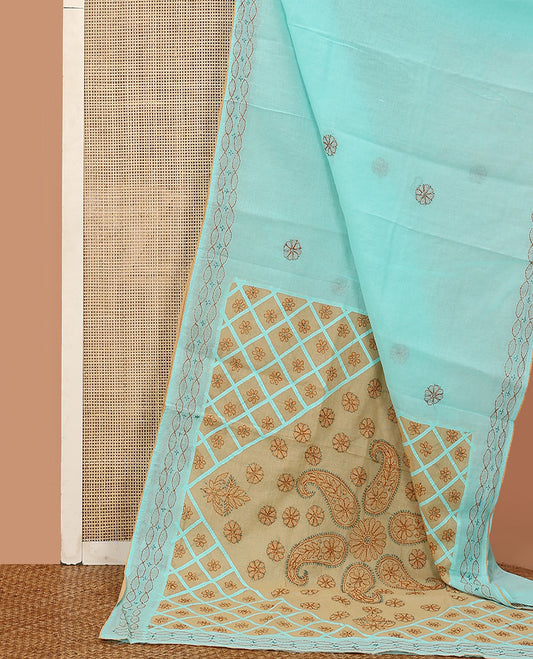 Turquoise flowers thread embroidered Lucknowi chikankari saree, ogee patterned border, and floral-paisley embroidered pallu
