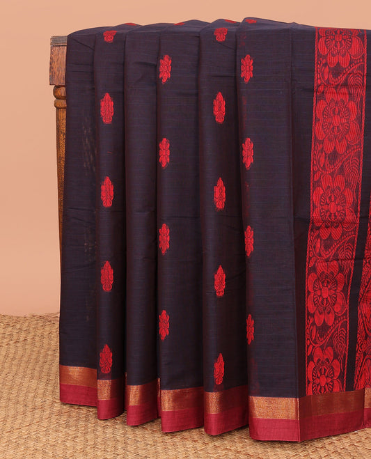 Blue Kanchi Cotton Saree, Accentuated with Stripes and Floral Buttas All Over Its Body, Complemented by a Contrast Border, Pallu of Intricate Designs, and Paired with a Matching Blouse