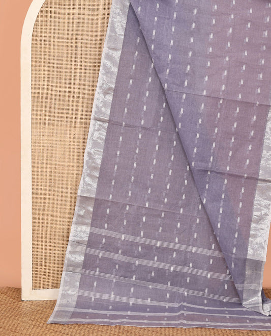 Grey Bengal Cotton Saree, Steeped with Buttas, Contrast Zari Border, Striped Pallu, and No Blouse