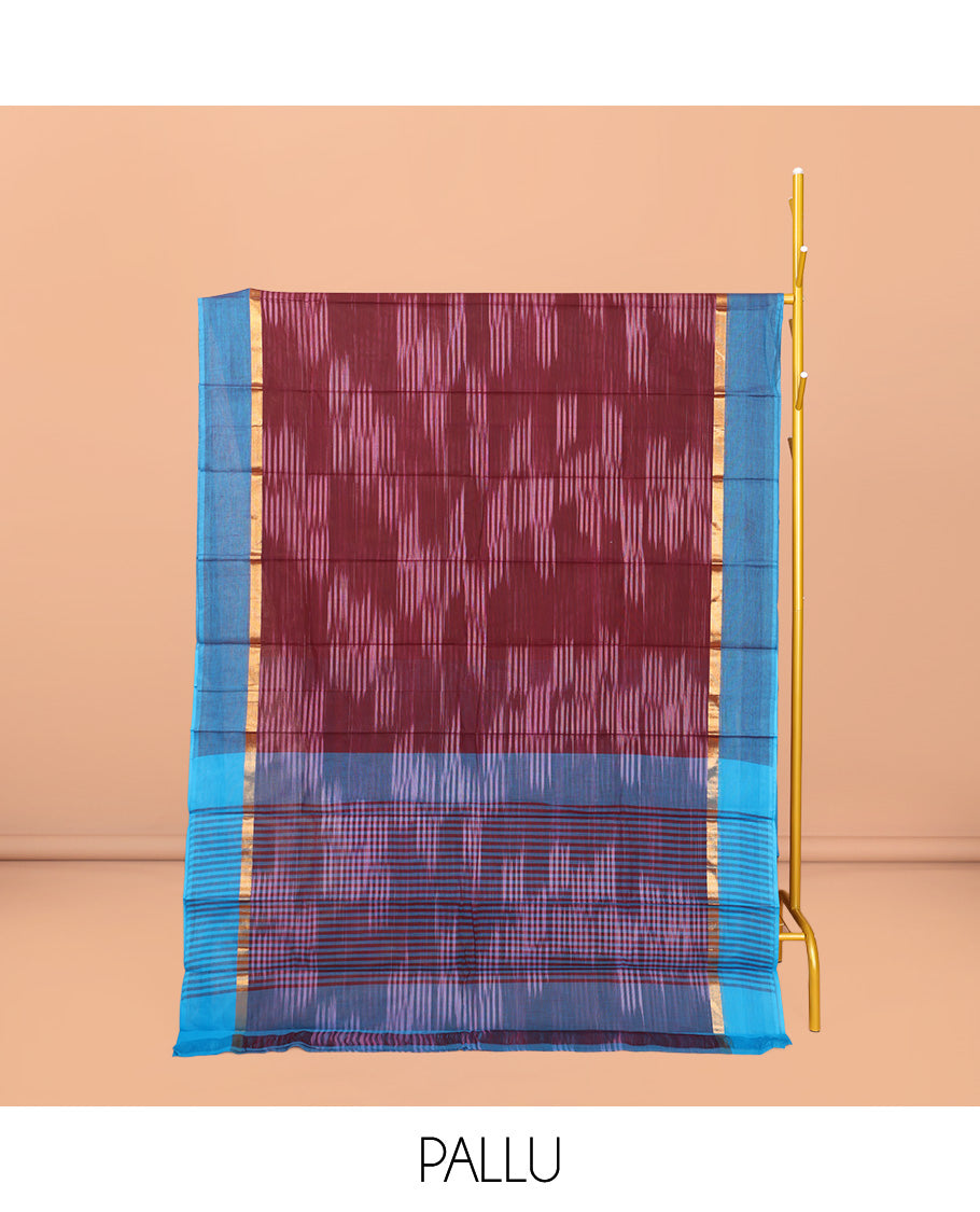 Maroon Ikat Textured Chirala Cotton Saree, a Contrast Border, Self-Pallu, and a Matching Blouse