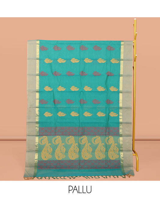 Green Kanchi Cotton Saree, Elevated with Buttas All Over Its Body, Complemented by a Contrast Border, Pallu of Intricate Design, and Paired with a Matching Blouse