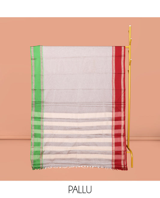 Off-white Plain Narayanpet Cotton Saree, Complemented by Contrast Traditional Design Rettai Pettu Ganga Jamuna Border, Striped Pallu, and Comes Without a Blouse