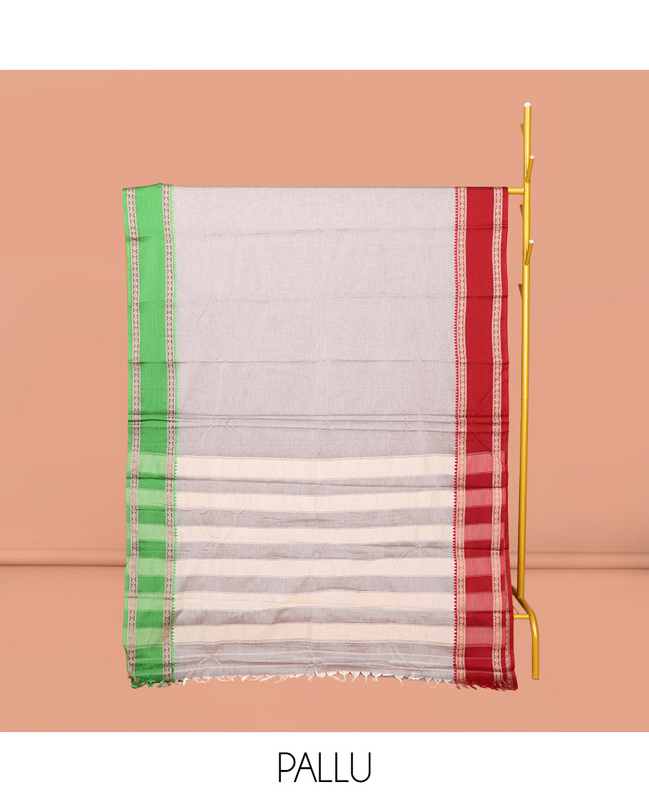 Off-white Plain Narayanpet Cotton Saree, Complemented by Contrast Traditional Design Rettai Pettu Ganga Jamuna Border, Striped Pallu, and Comes Without a Blouse