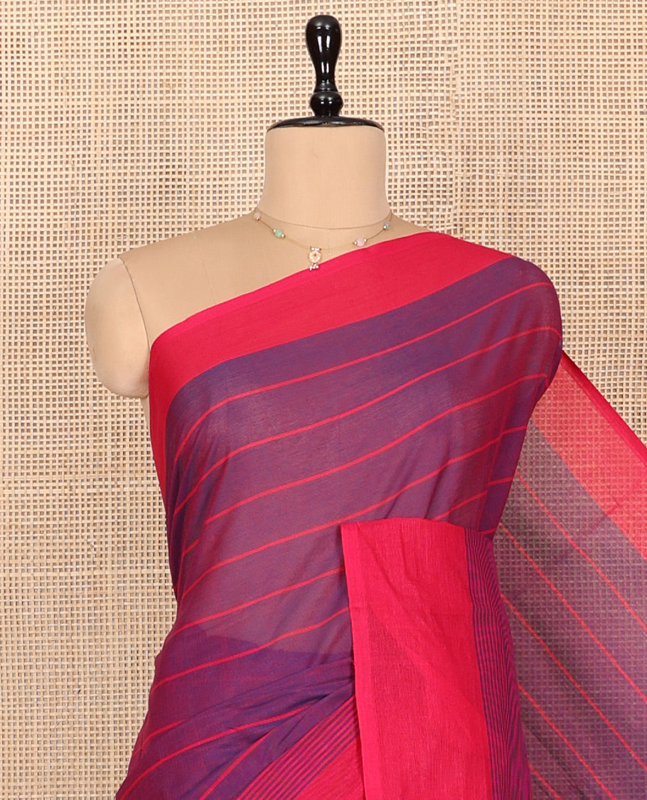 Purple Striped Andhra Cotton Saree, Complemented by a Contrast Border, Striped Pallu, and a Matching Blouse