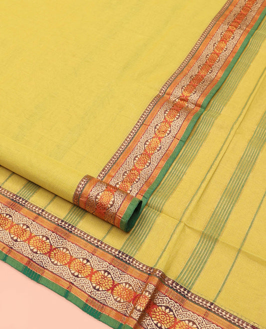 Yellow Plain Nine-Yard Cotton Saree, Complemented by a Contrast Traditional Design Border, Striped Pallu, and Comes Without a Blouse