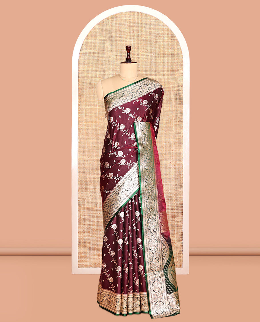 Purple Semi-Banarasi Saree, Decorated with Zari Buttas, a Contrast Intricate Border, Rich Pallu, Contrast Blouse