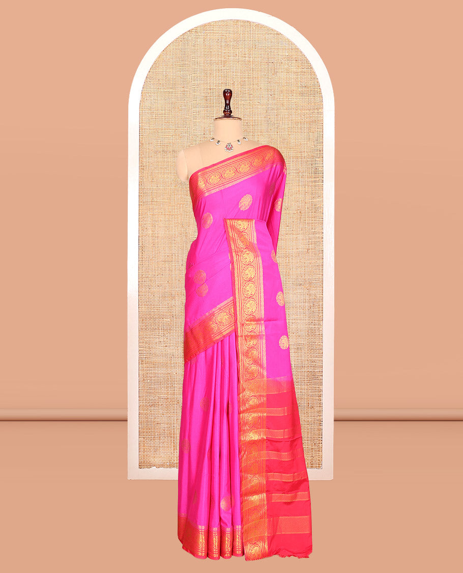 Rani Pink Elephant Buttas Fancy Mysore Silk Saree, Contrast Elephant Border, Contrast Blouse