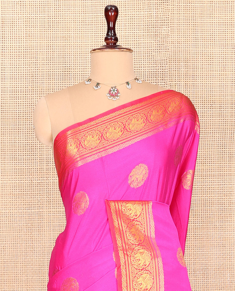 Rani Pink Elephant Buttas Fancy Mysore Silk Saree, Contrast Elephant Border, Contrast Blouse