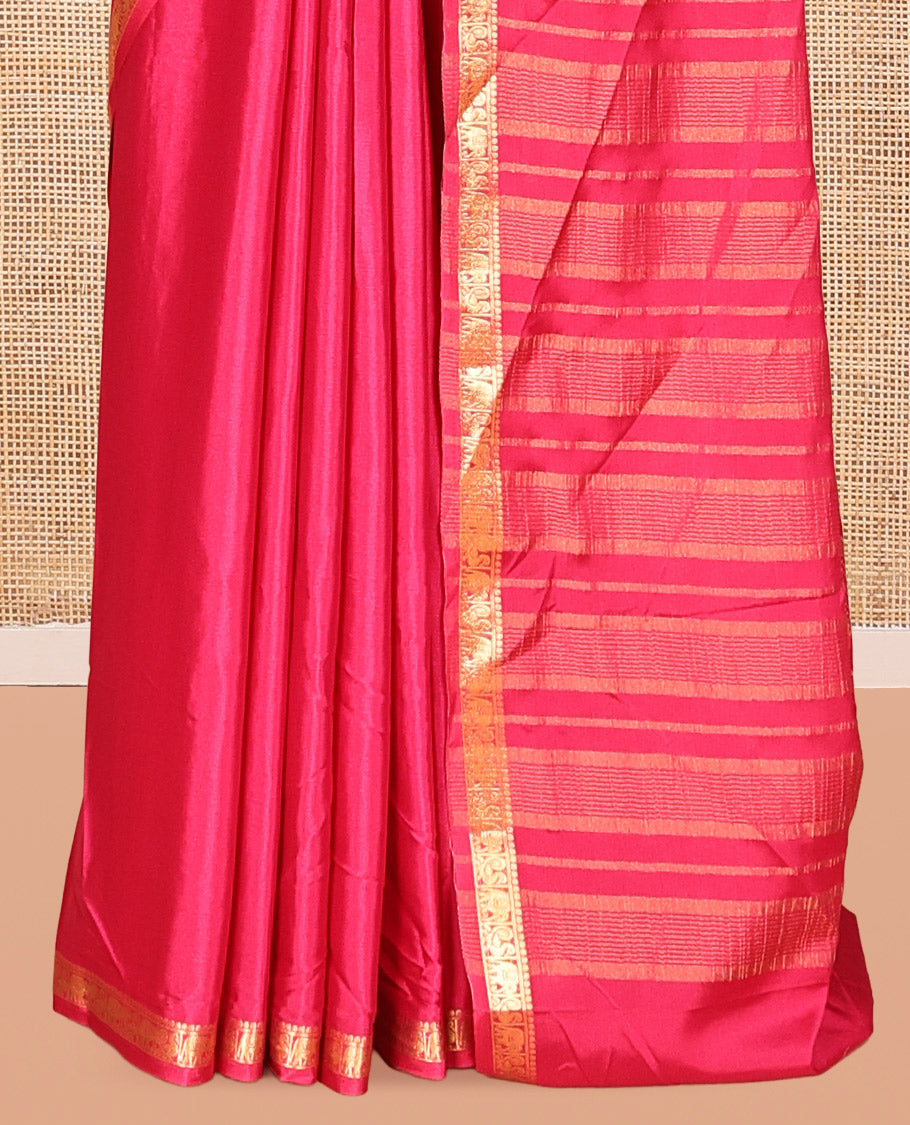 Pink Plain Semi-Mysore Saree, a Zari Elephant-Peacock Butta Border, Striped Pallu, Matching Blouse