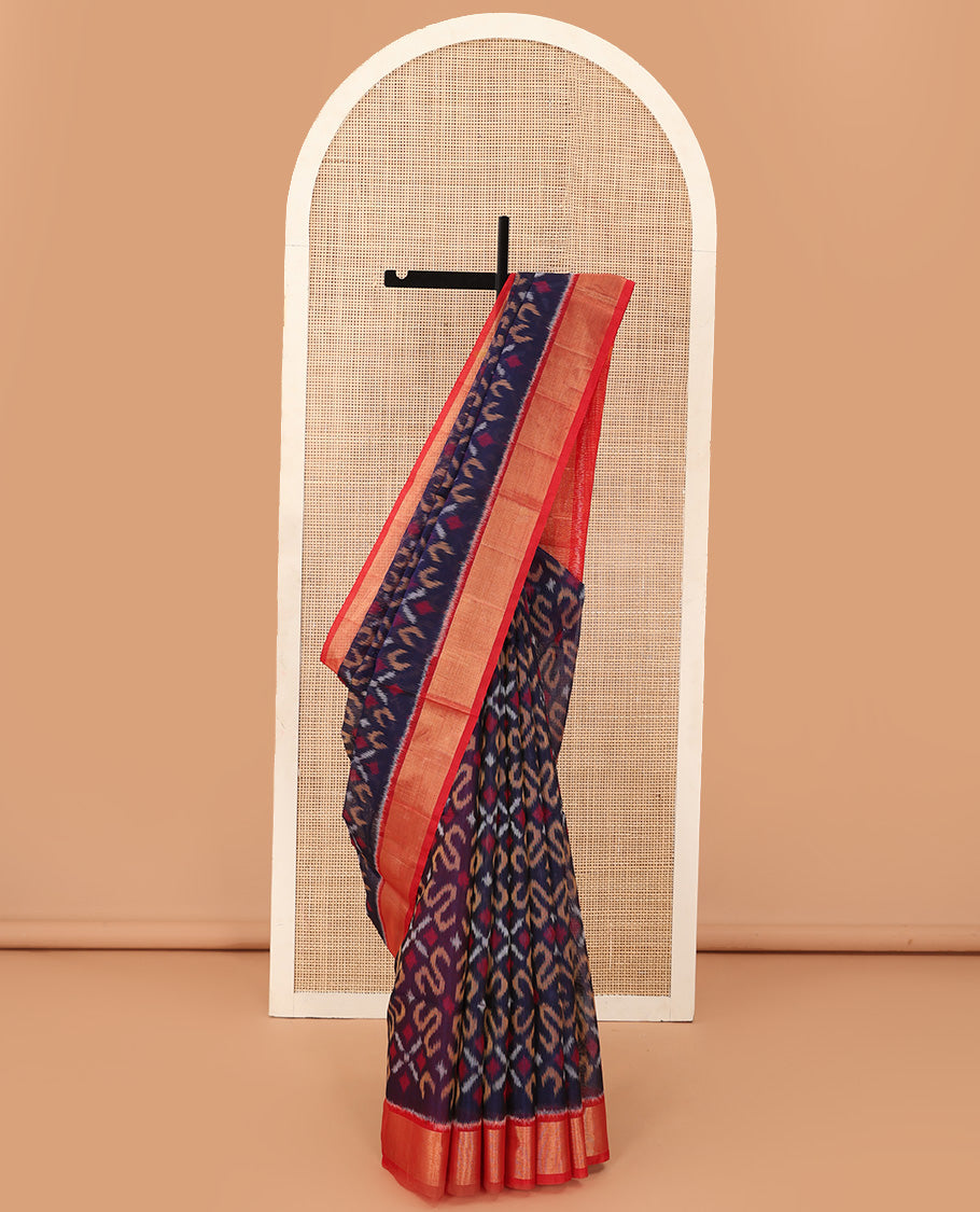 Blue Pochampally Ikkat-style designed silk cotton saree, contrast bavanji border, and ikkat design pallu