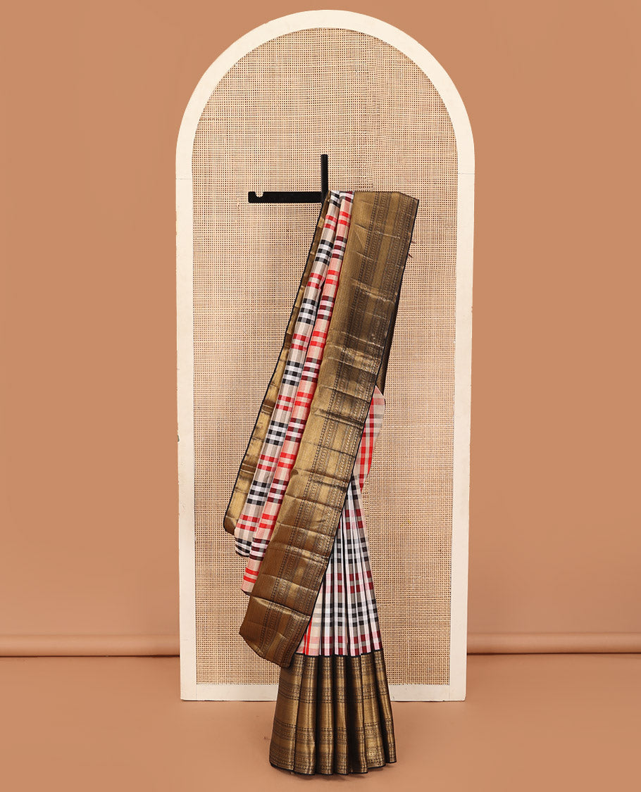 Multi-color checked Kanchipuram silk saree, contrast border steeped with kathir, poun, kuyil kann and zari designs, and jaal pallu