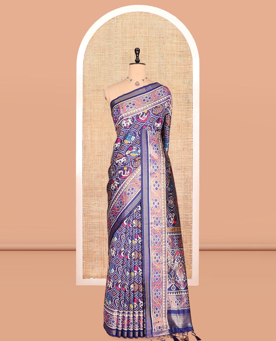 Navy Blue Intricate Motif Semi-Patan Patola Saree, Patola Printed Tissue Border, and a Matching Blouse