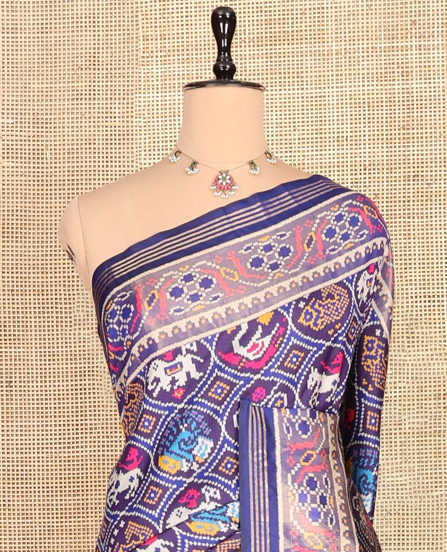 Navy Blue Intricate Motif Semi-Patan Patola Saree, Patola Printed Tissue Border, and a Matching Blouse