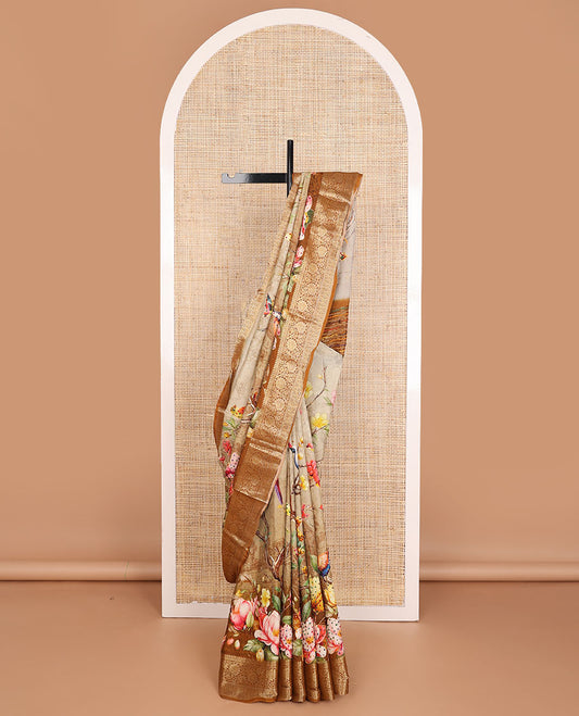 Sandal floral printed with with French knot embroidered dola silk saree, contrast traditional zari design border & French knot embroidered pallu