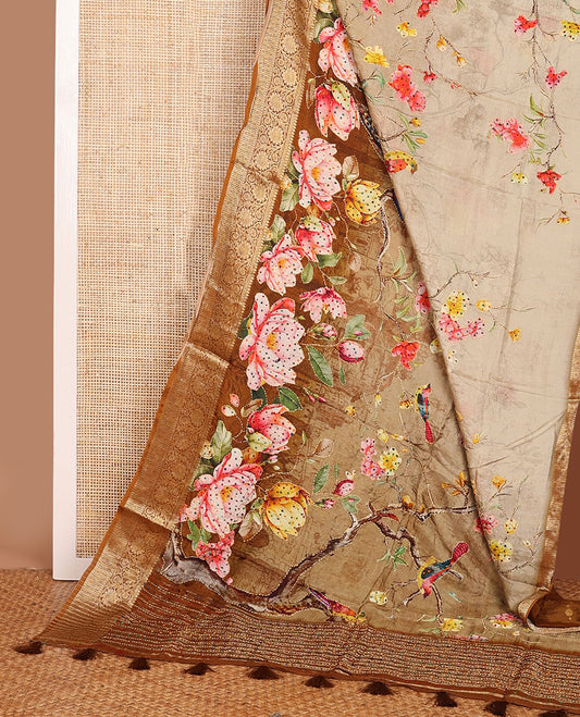 Sandal floral printed with with French knot embroidered dola silk saree, contrast traditional zari design border & French knot embroidered pallu