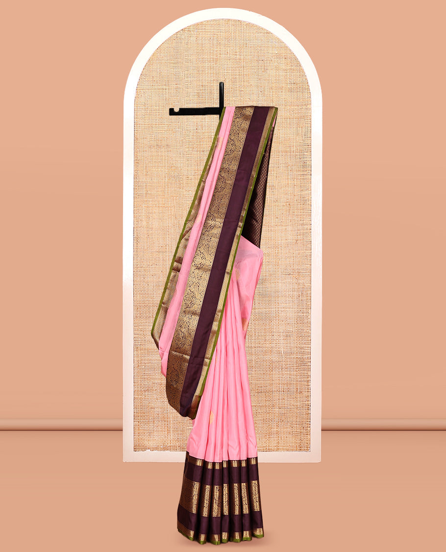 Pink-Brown Zari Buttas Vasundhara Lite Silk Mix Saree, Contrast Mayil-Yaali Border, Jaal Pallu, a Contrast Blouse